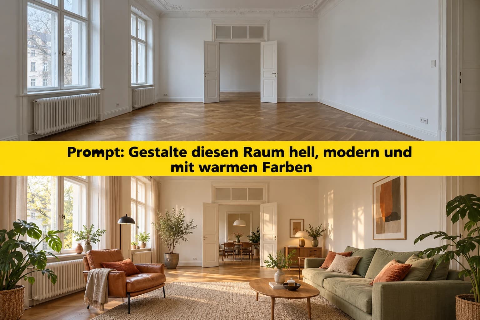 Leipziger Altbauzimmer: oben leer, mittig ein gelber deutscher Gestaltungsprompt und unten mit Sofa, Sessel und Pflanzen eingerichtet