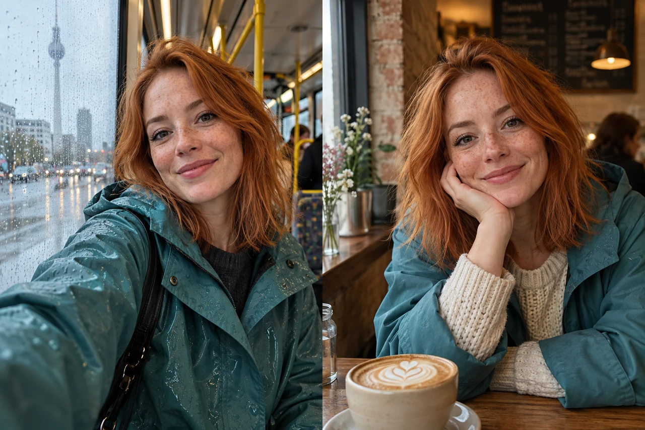 Vorher: Dieselbe rothaarige Frau links beim Selfie in der verregneten Straßenbahn und rechts im warmen Café